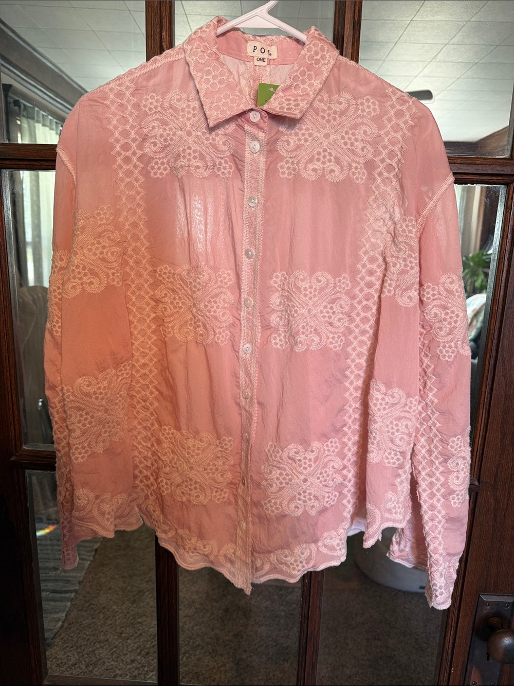 POL Pink Lace Panel Button-Down Blouse